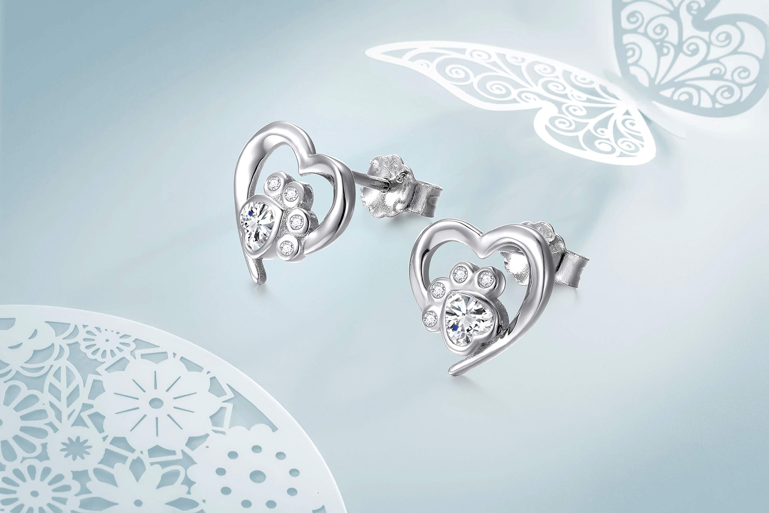 S925 Sterling Silber Ohrstecker mit Pfotenabdruck, Katze, Welpe, Herz, Geburtstagsgeschenk für Frauen, Teenager, Mädchen, Tierliebhaber