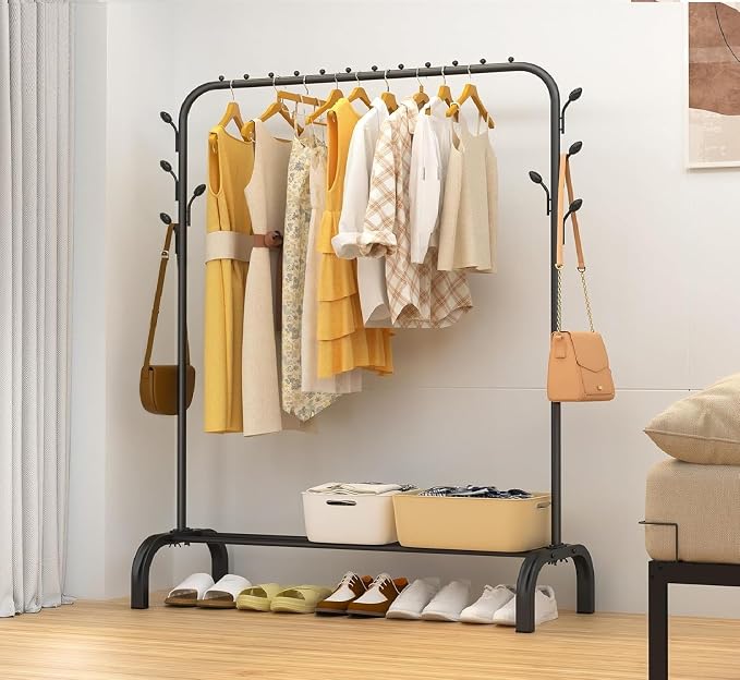 KRISHYAM Heavy-Duty Garment Rack with Bottom Shelf | Single Rod Black Metal Clothes Stand | Freestanding Clothes Rail Organizer for Bedroom, Laundry & Retail Display (40 x 110 x 150 cm)