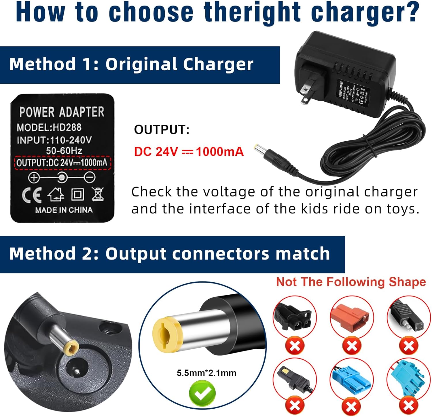 24V Charger for Ride On Toys Car 24 Volt Battery Charger for Kids Ride on Toys Wrangler SUV Kid Trax Dynacraft Toy Car Jeep ATV Quad Disney 24V Electric Battery Cars Supply Power Adapter