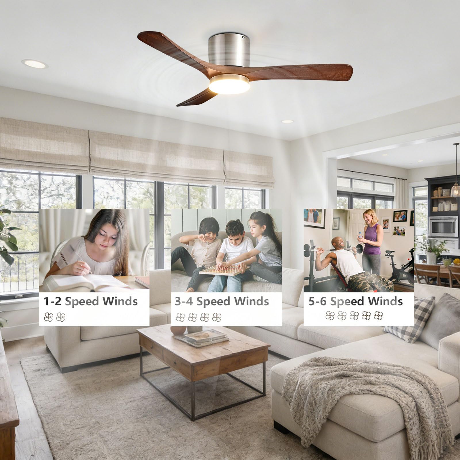Ventilatore a soffitto in Legno di Noce con la Luce Ventilatori silenziosi Moderni LED dimmerabile per la Sala da Pranzo della Camera da Letto Living Smart Remote/App/Voice Control