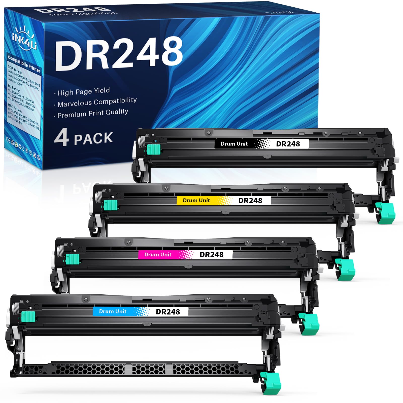 INK4U DR248CL Trommel (4er-Pack, Extra Hoch) kompatibel für Brother DR-248CL Trommeleinheit für TN248 XL Toner TN248XL für MFC-L3740CDW Toner MFC-L3760CDW DCP-L3560CDW L3520CDW HL-L3240CDW HL-L3220CWE