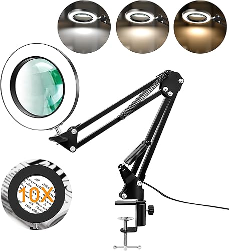 Lupa de Aumento 10X con Luz y Abrazadera, Lupa de Cristal Real con LED Iluminada, 3 Modos de Color 10 Niveles Regulables, Lámpara de Aumento con