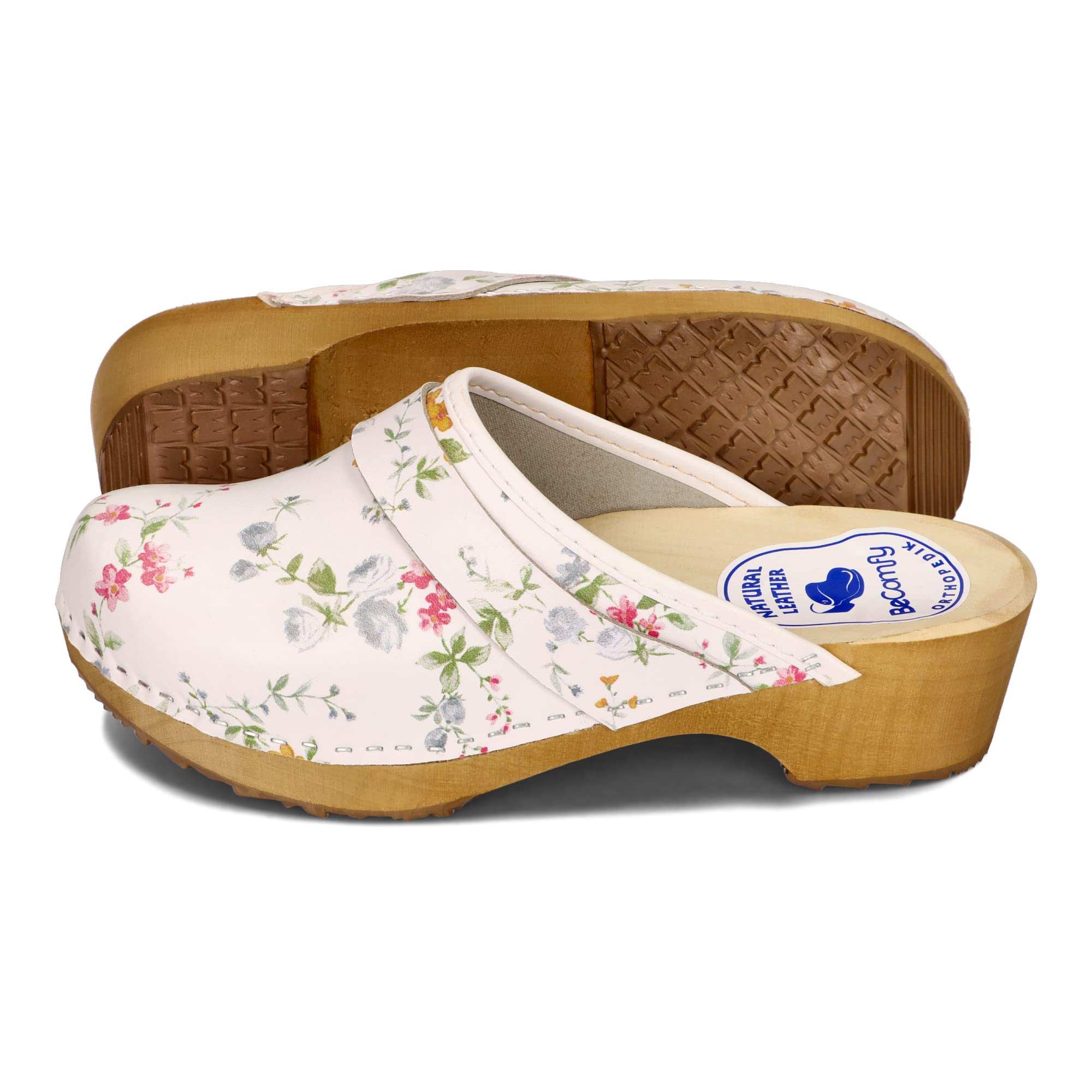 BeComfy Sabots en Cuir pour Femme Mules à Talons en Bois Étoiles Fleurs Colorées Bleu Blanc 35-41 EU