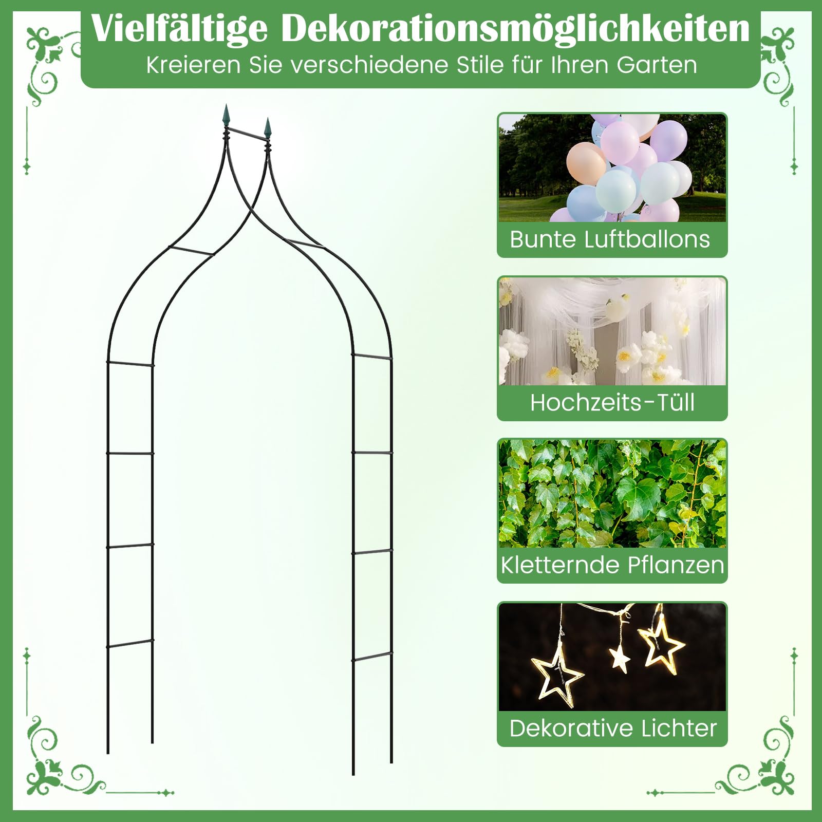 COSTWAY Rosenbogen Metall, Gartenbogen im gotischen Stil, Torbogen für Kletterpflanzen Rosen Blumen, Rosengitter Rankgitter, Pergola Spalier für Hochzeit Partys Garten Terrasse, 125 x 39 x 287 cm
