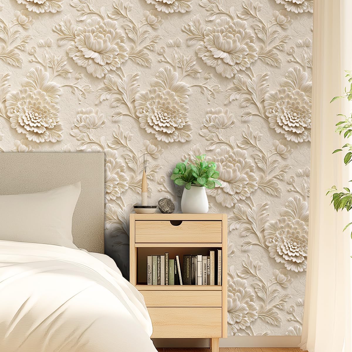 3D Relief Floral Designs Removable Self-Adhesive Wallpaper for Bedroom & Living Room Decor 17.7×118 Inch,Waterproof Wall Covering for Accent Walls, Apartment, Nursery