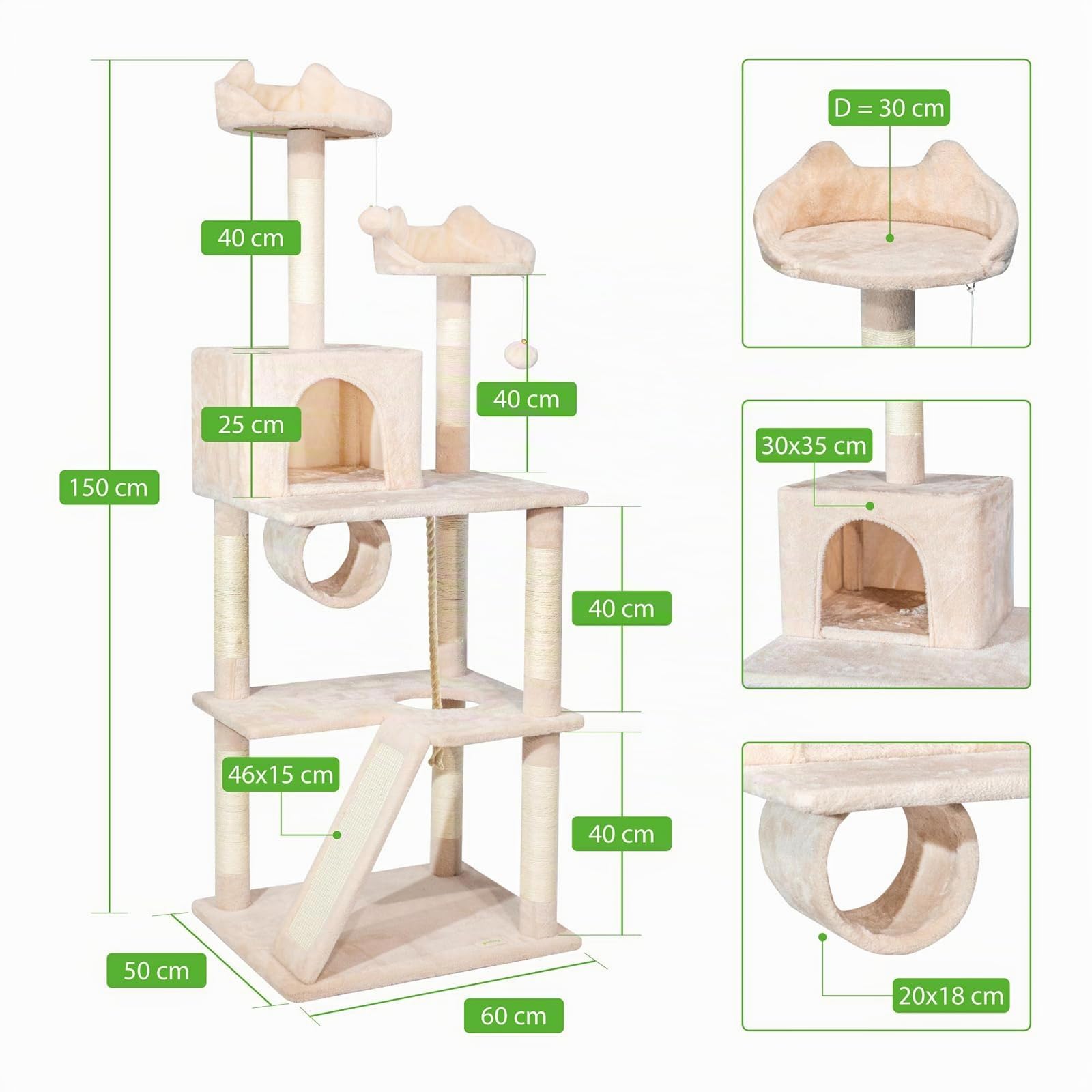 Árbol para Gatos XL, rascador para Gatos, Plataformas, caseta, Hamaca, túnel, Pelotas, columnas de sisal, Felpa, Altura 150 cm, Beige, garantía de 5 años
