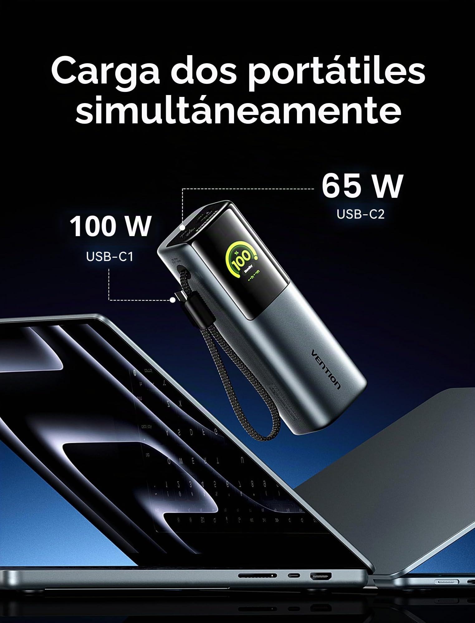 VENTION Power Bank 20000 mAh 165W, batería Externa Carga rápida con Pantalla Digital y animación Emoji, Cable USB-C Integrado, 2×100W USB-C + USB-A, para MacBook Pro, DELL/HP, iPhone 17/16/15, Galaxy