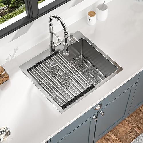 Mocoloo Fregadero de cocina de acero inoxidable de 25 x 22 pulgadas, de montaje superior, calibre 16, 10 pulgadas de profundidad, fregadero de