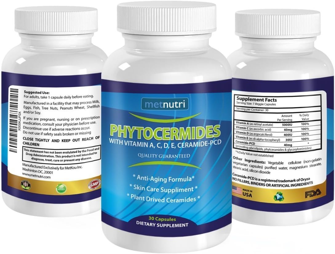 Metnutri Phytoceramides Ceramide PCD ® Plant Derived (From Rice) - 100% Gluten Free All Natural Skin Restoring Skincare Supplement with Vitamin A, C, D & E, Eliminates Wrinkles, Reduces Fine Lines, Strengthens Hair Skin Nails | 40mg, 30-day Capsule Supply | Bonus Anti-aging Skin Care Guide