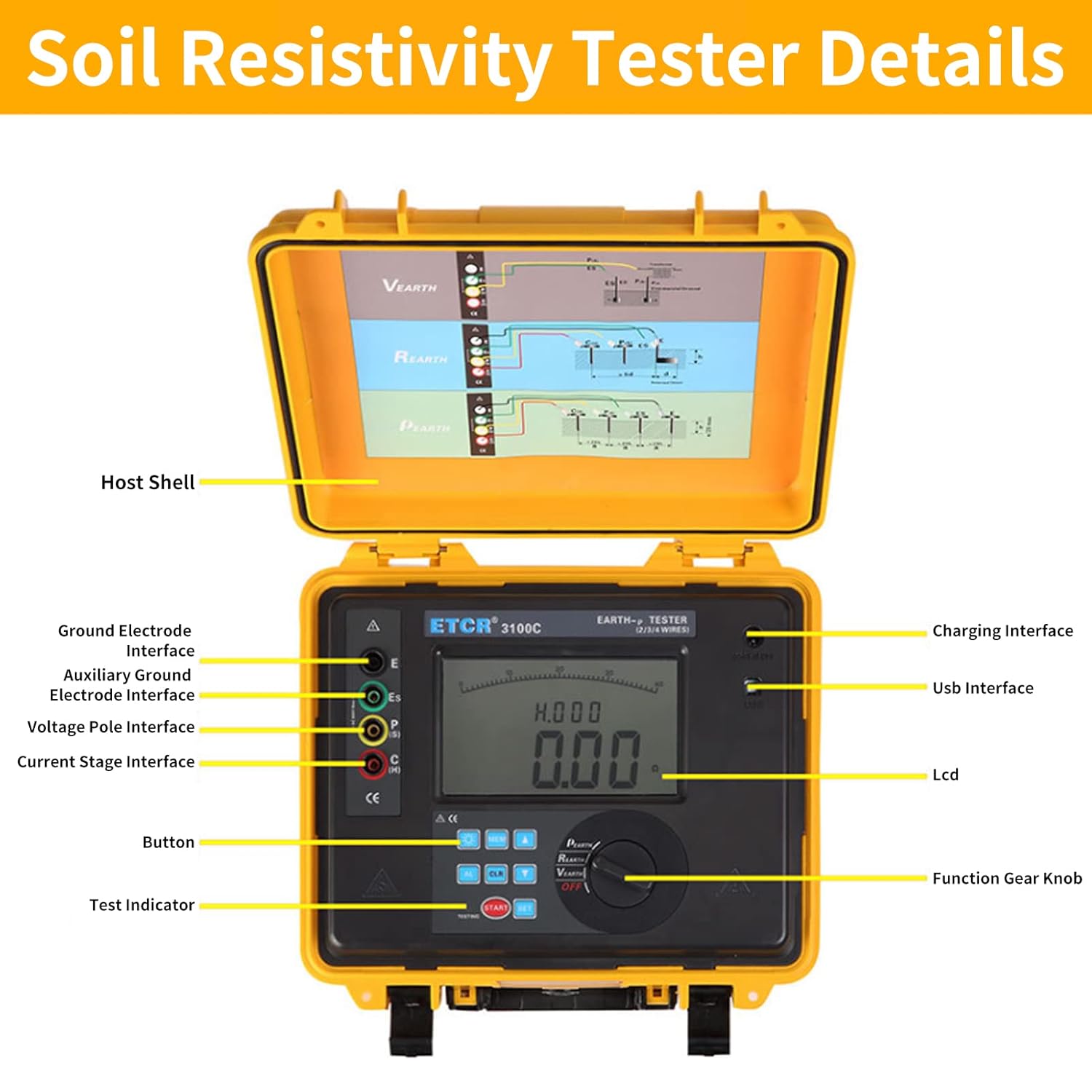 ETCR3100C Digital Soil Resistivity Tester 4‑Digit LCD Earth Ground Meter IP65 Supports 2, 3 and 4‑Wire US AC 100‑240V 0.00-30.00kΩ/0.00Ωm‑900kΩm
