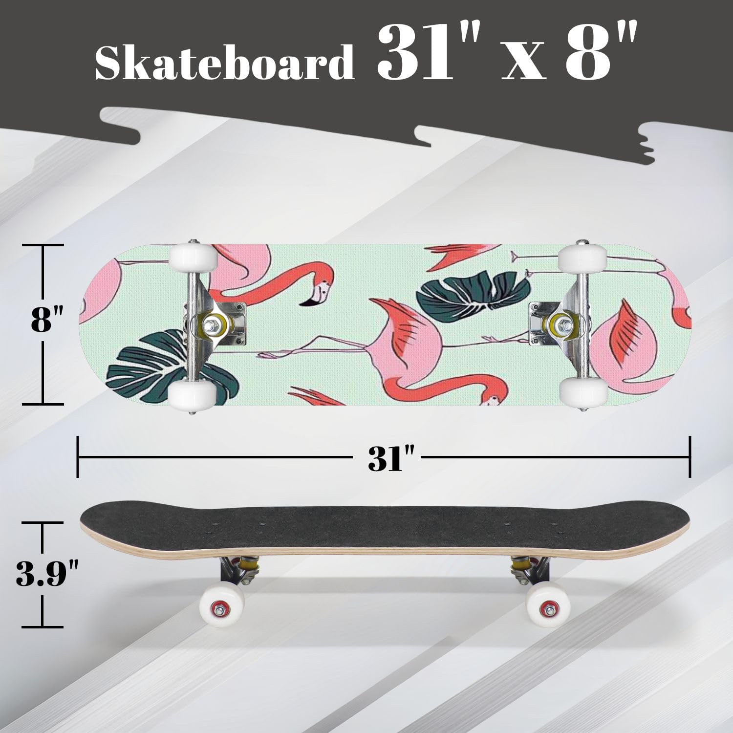 Complete Skateboard with Flamingos Tropical Leaves Flowers Seamless Beginner Skateboard 7-Layer Maple Wood Double Kick Concave Skateboards for Kids, Adults, Teens 31