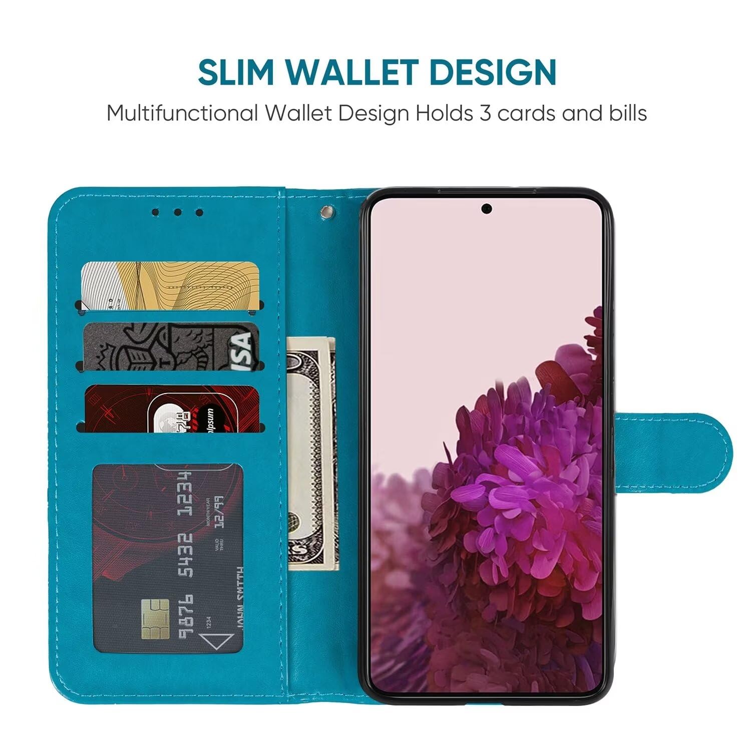 Vavies Case for Galaxy S22 Plus Case,Samsung S22+ 5G SM-S906U Wallet Case with Tempered Glass Screen Protector, Flower Leather Flip Credit Card Holder Stand Phone Cover for Samsung Galaxy S22+ 5G Blue