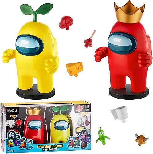 Among Us - Figuras de compañero de tripulación con estampadores, dos de cuatro de 6.7 pulgadas de alto + 10 sombreros ocultos y accesorios,