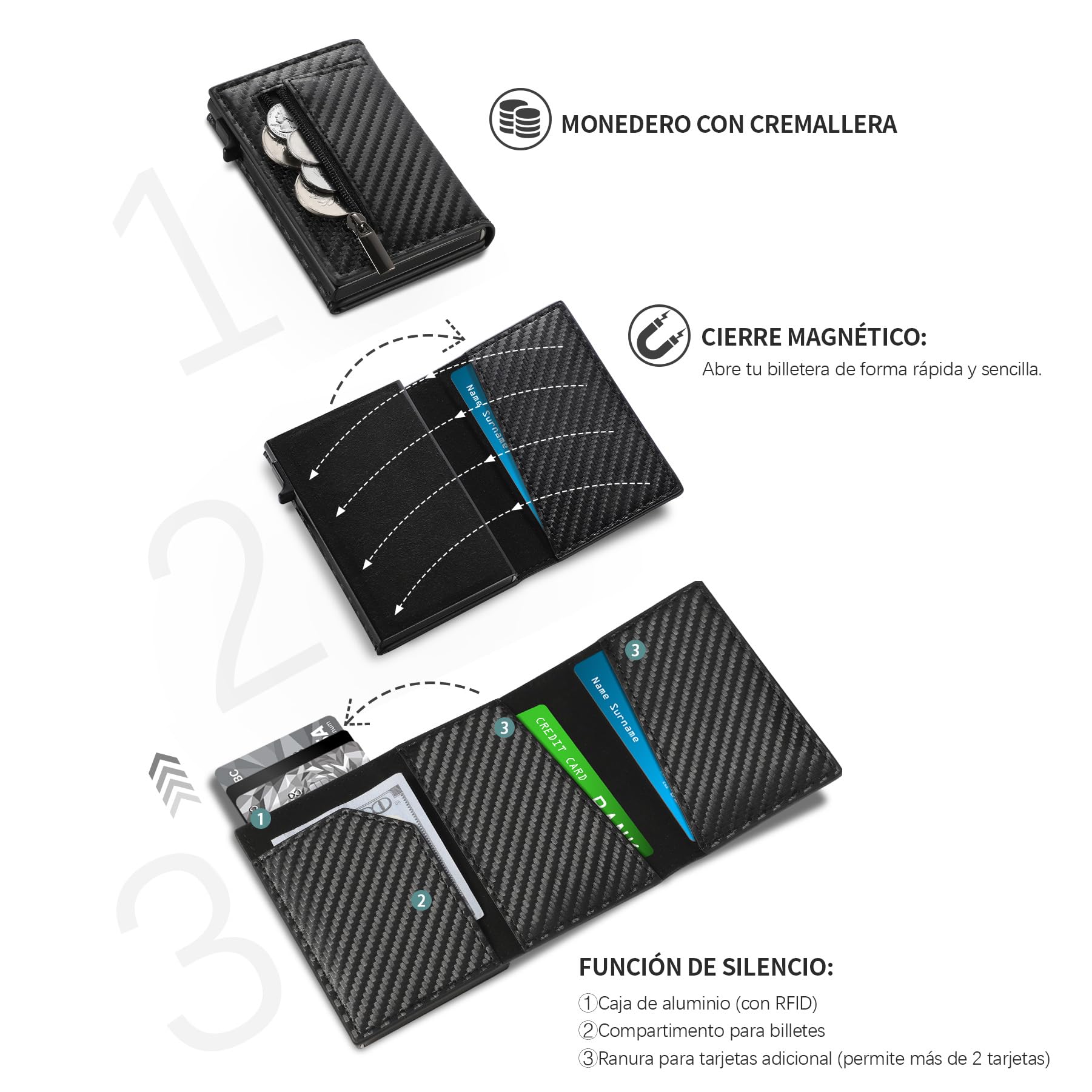 TENBST Tarjetero de Fibra de Carbono con Botones - Cartera Hombre Elegante y Funcional - Regalos Originales para el Día del Padre/Negro, HW00719