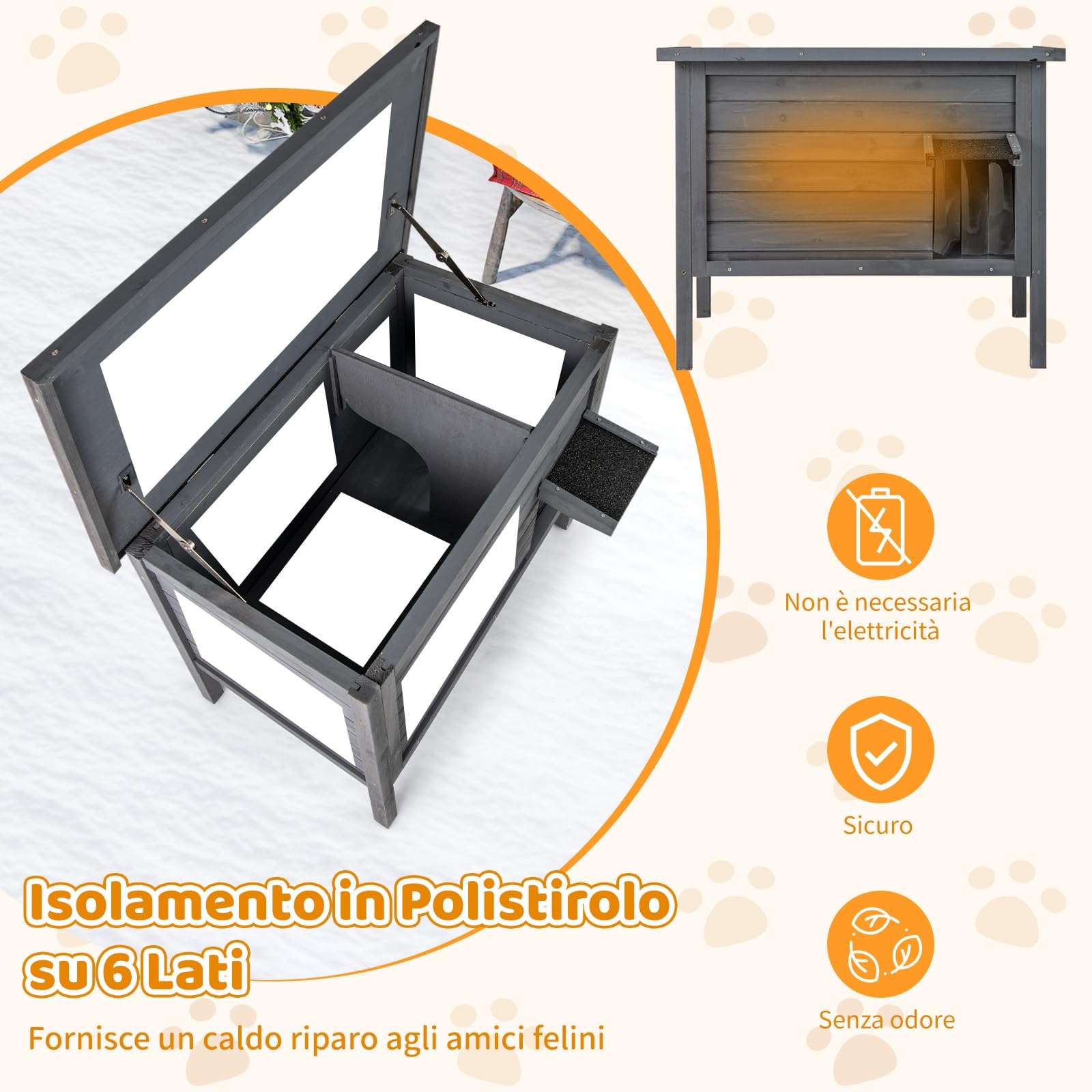COSTWAY Cuccia per Gatti da Esterno Inverno, Cassetta per Gatti Impermeabile in Legno con Isolamento in Schiuma, 2 Comparti Spaziosi, Tetto Apribile in Asphalt e Porta, 88 x 55 x 71 cm (Grigio)