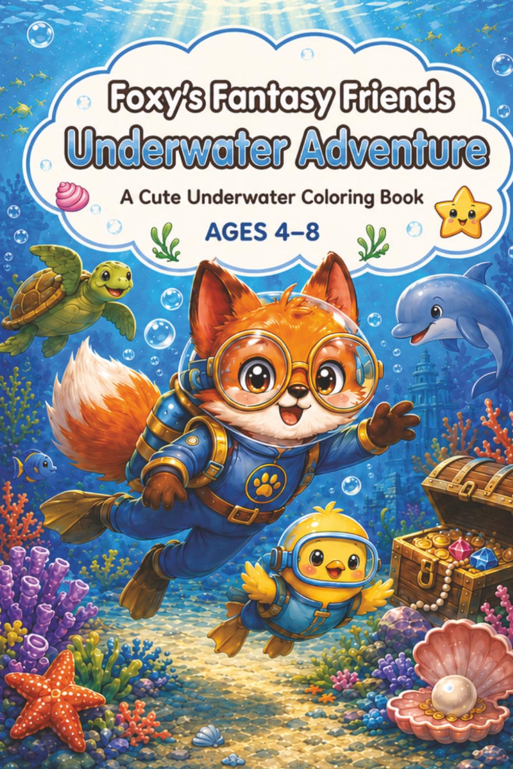 Foxy’s Fantasy Friends: Underwater Adventure: A Cute Underwater Coloring Book for Kids Ages 4-8 with Sea Animals, Dolphins, Turtles, Mermaids, Coral Reefs, and Treasure