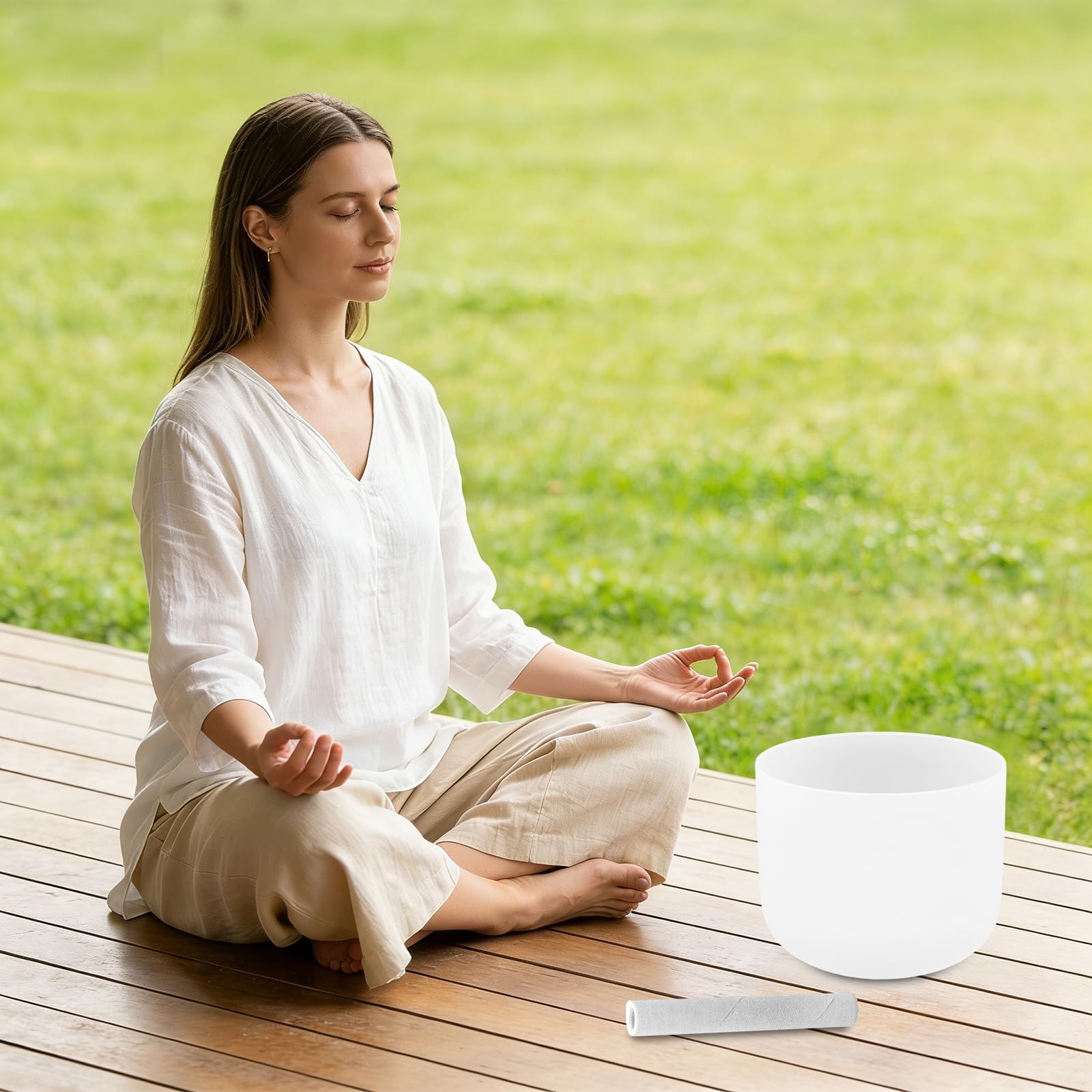 Campana tibetana in cristallo, 8 pollici, 432-440 Hz, per la meditazione, per la terapia del suono e lo yoga, con bacchetta e anello, colore bianco