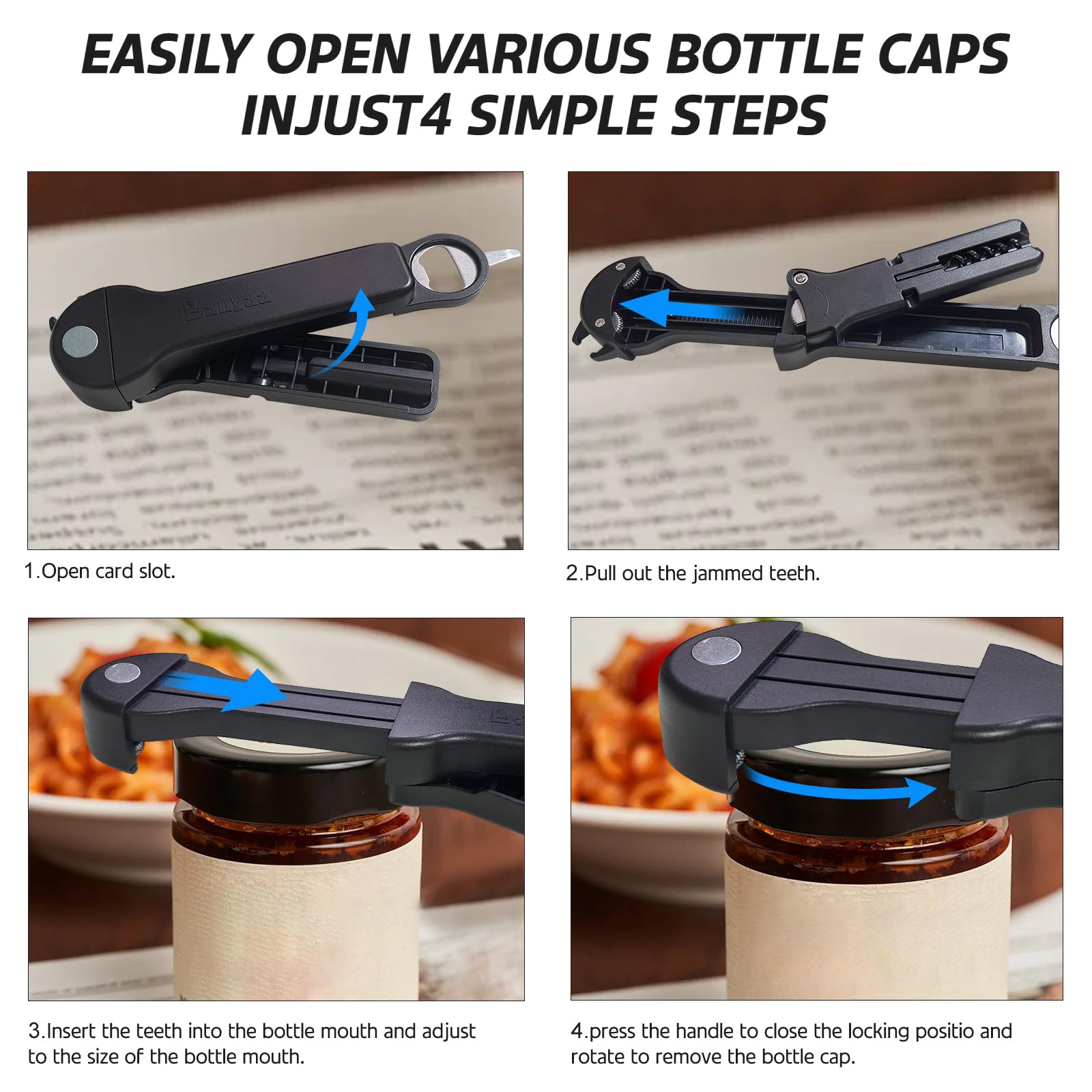 Abridor de botellas y abridor de botellas 7 en 1 para personas mayores con artritis, manos débiles, abrelatas magnético multiretráctil, herramienta original para abrir tapas de cocina (negro)