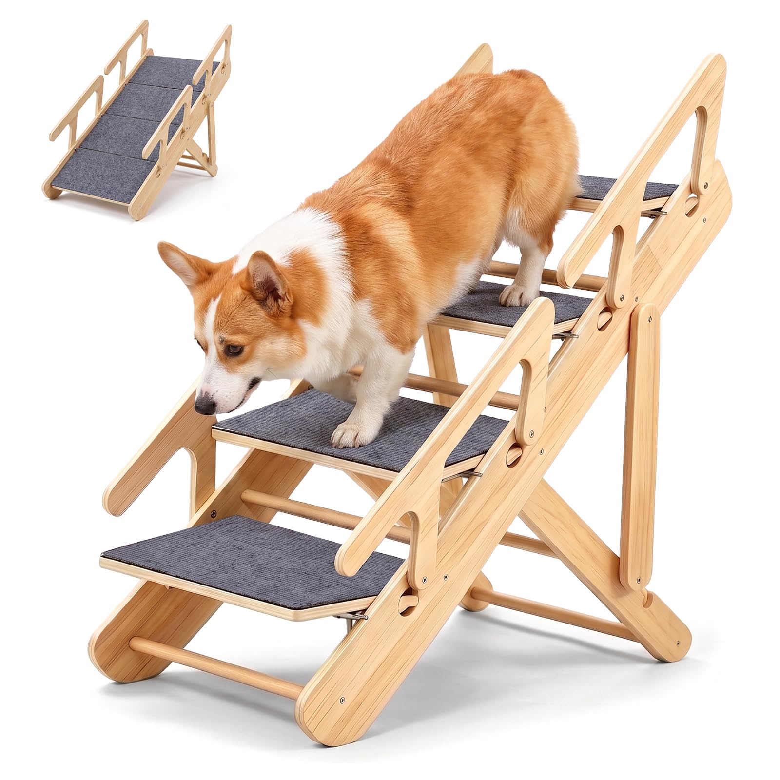 Wooden Dog Ramp with 4 Steps, 2-in-1 Foldable Folding Dog Stairs & Steps with Non-Slip Traction Mat & Side Guardrail, Adjustable Pet Ramp Pet Stairs for Small Medium Large Older Pet Cats up to 60kg