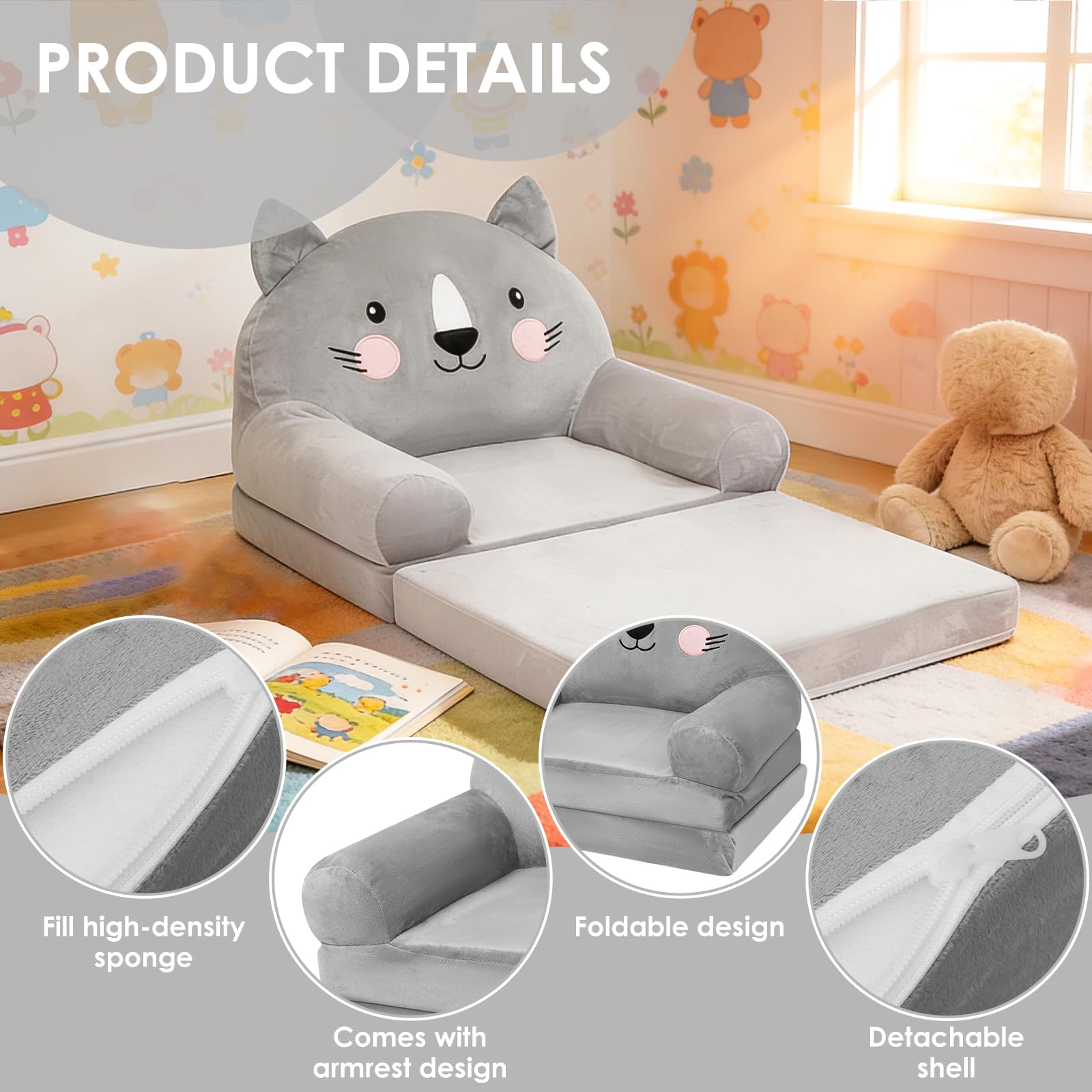 Kindersofa Ausklappbar 2 in 1 Spielsofa für Kinder,Kindersessel mit Schlaffunktion,Weich & Robust Mini Couch,Umwandelbares Liegestuhl zum Spielsofa Kinder Sessel ab 1 Jahren(Graue Katze)
