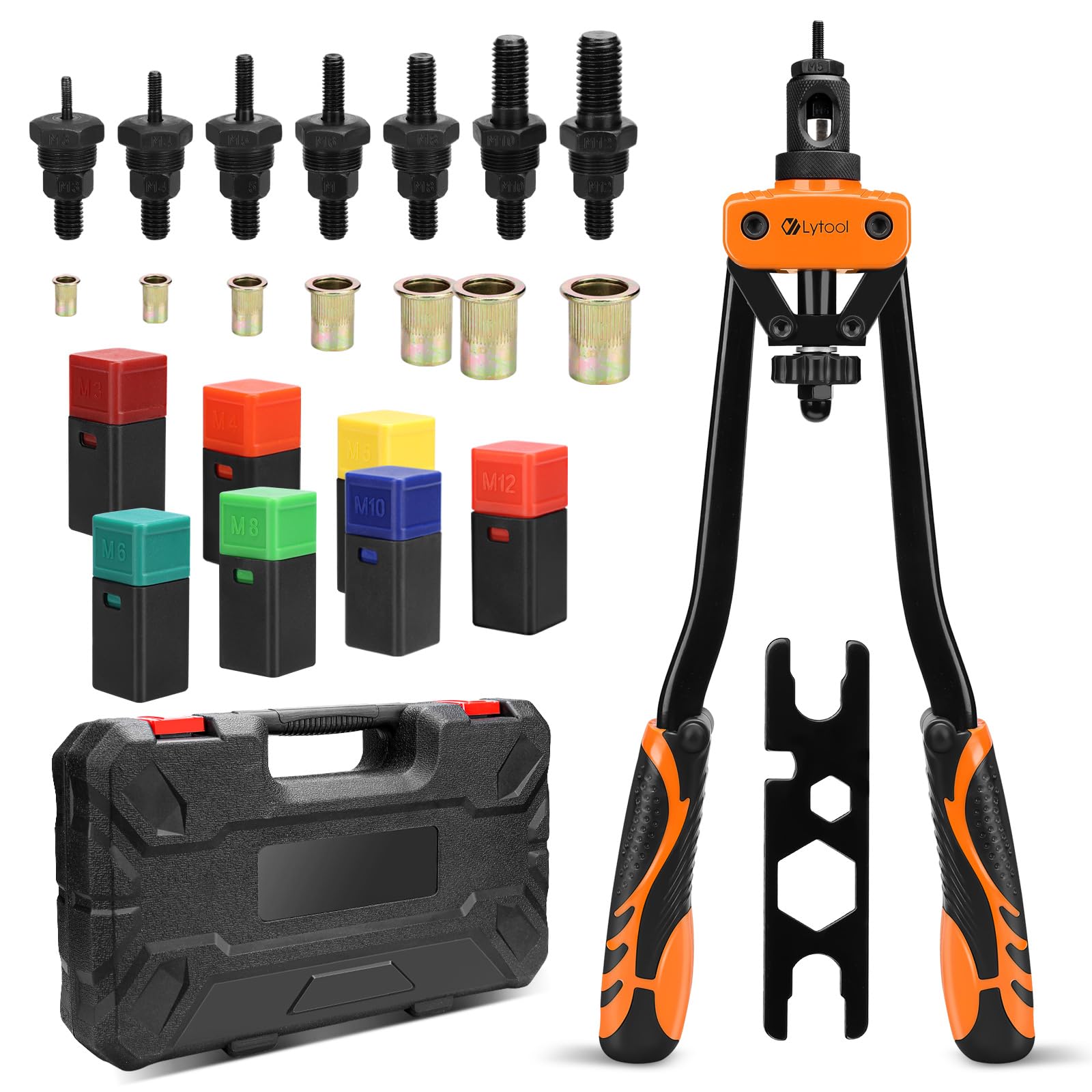 Remachadora de Tuercas Lytool 16" Pistola Remachadora Profesional Manual | Con 70pcs Tuercas de Remache, y 7 Mandriles Intercambiables M3 M4 M5 M6 M8 M10 M12