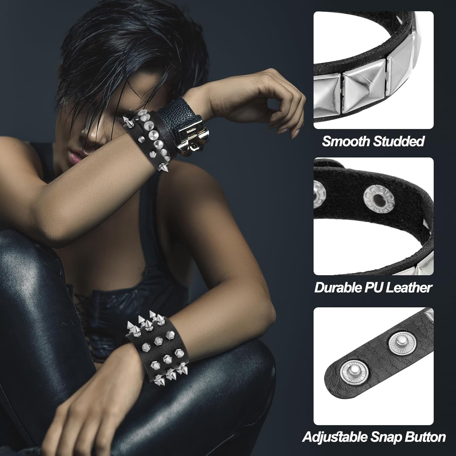 MECCANIXITY 2 Pcs Leather Punk Bracelet 8.7"/22cm Layered Row Conical Spikes Bracelet - Image 3
