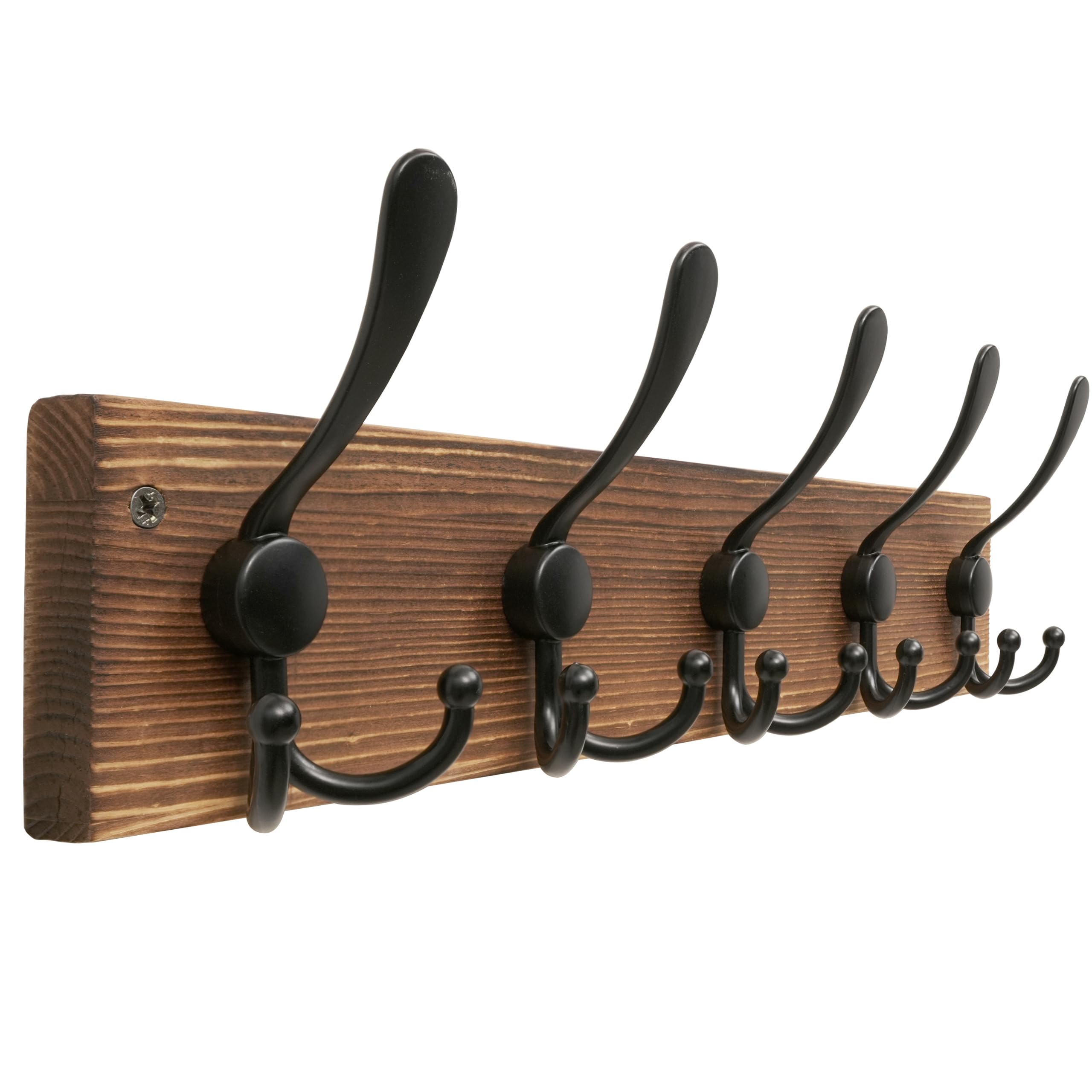 HONSKY Wall Mounted Coat Rack, Brown Pine Wood Spliced Panel, 5 Black Triple Hooks(15 Hanging Points), Sturdy Wall Coat Hanger, Wooden Coat Hooks for Entryway Hallway Bedroom,Easy Install
