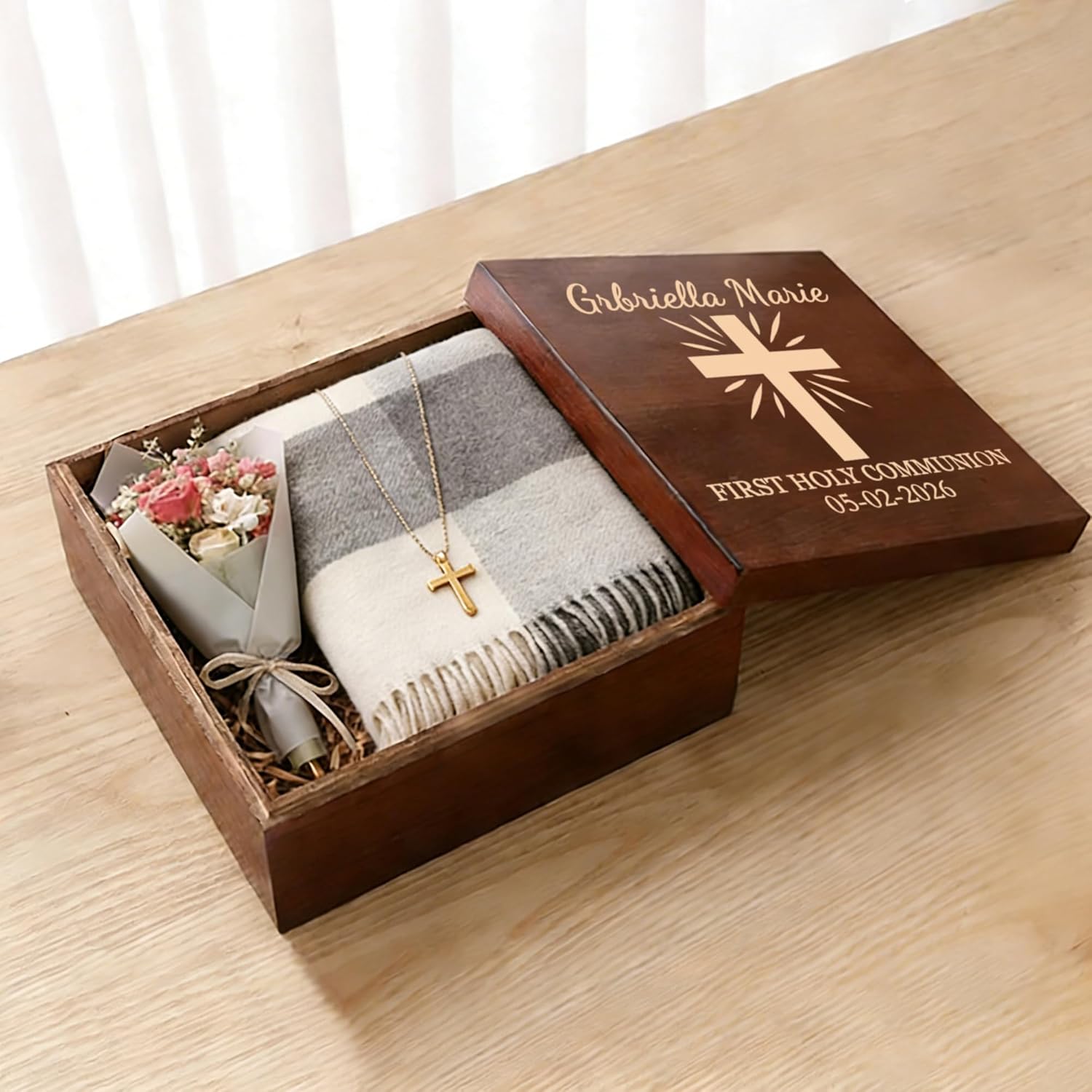 First Communion Gifts Personalized Memory Keepsake Box for Boys and Girls - 1st Holy Communion Gift Box for Jewelry, Mementos, Treasures - Custom Name & Date, Wooden Cross Keepsakes Storage Box