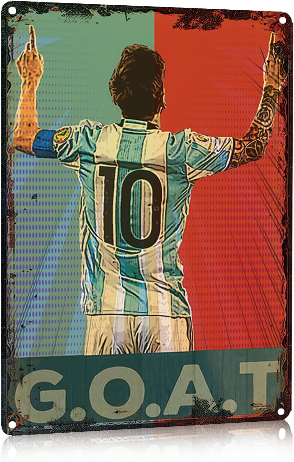 Vintage Style Lionel Messi Metal Tin Sign - G.O.A.T for Sports Bar, Garage & Wall Decor, 8"x12" Decorative for Soccer Fans.