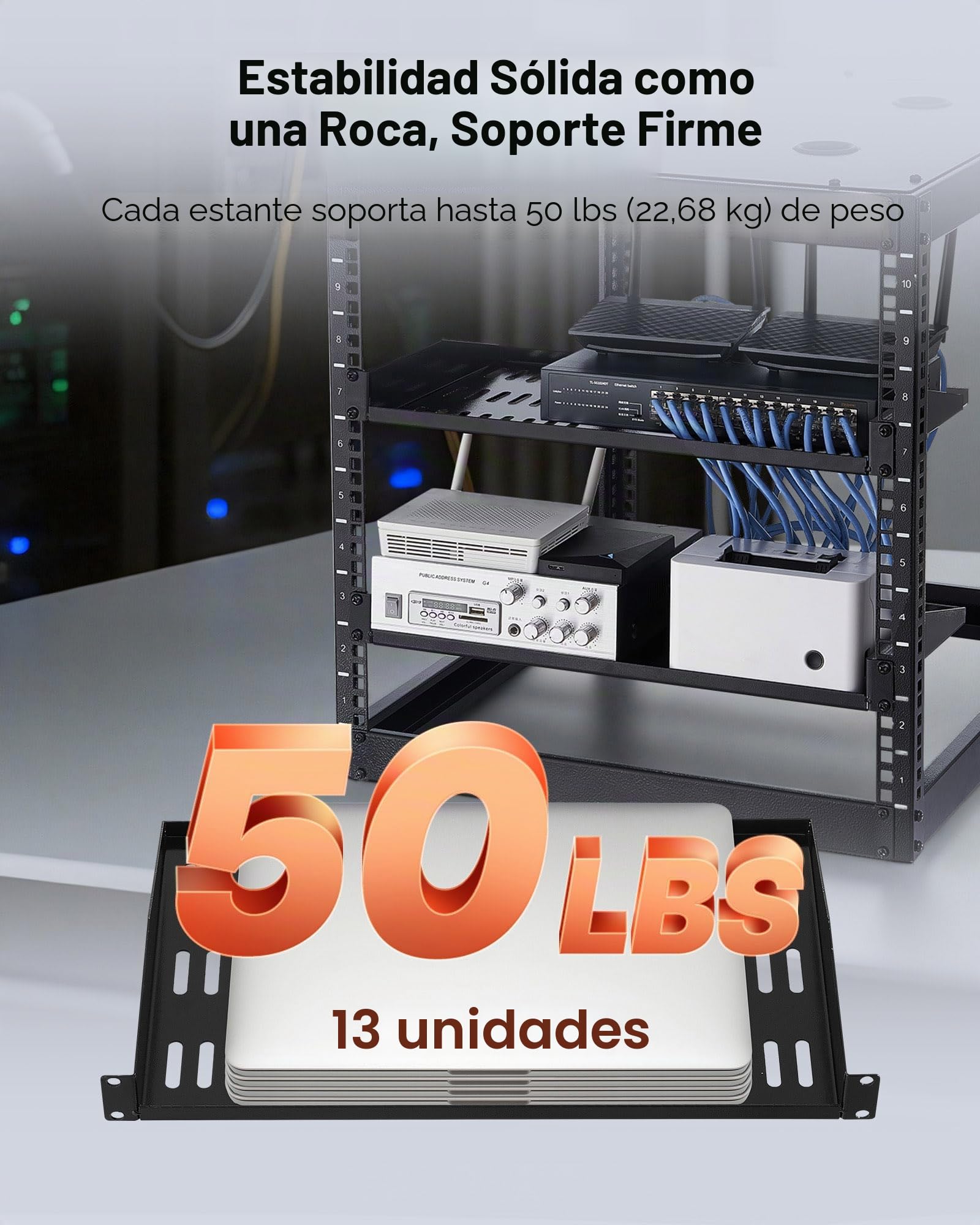 VEVOR Estante para Rack de Servidor de 1U, 4 Unidades, Capacidad de Carga Máxima de 22,68 kg, Ventilación en Voladizo, 25,4 cm de Profundidad, para Equipos de Red Informática con Gabinete de 48,26 cm