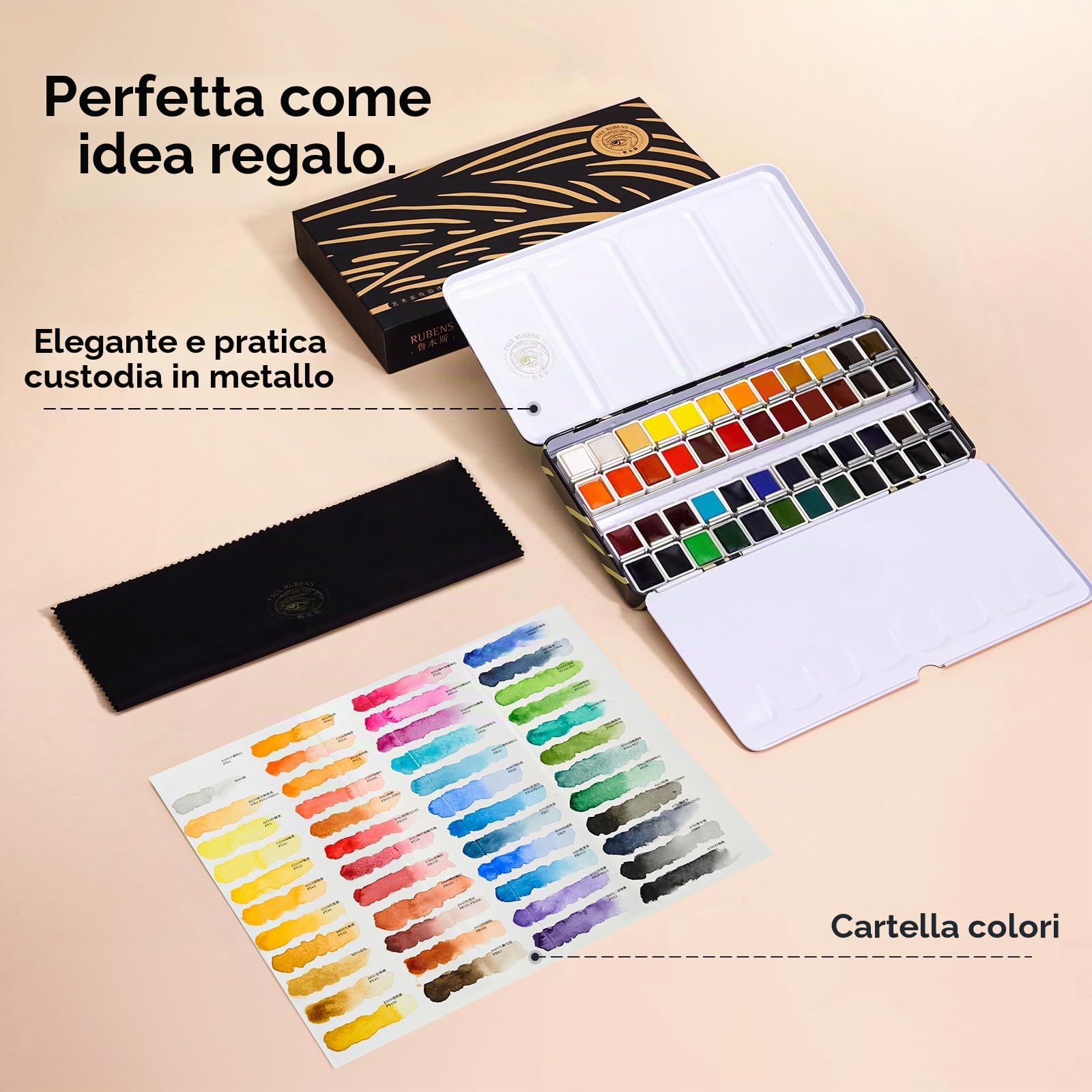 Paul Rubens Set di colori ad acquerello, 48 colori vivaci in scatola portatile, alta trasparenza, eccellente resistenza alla luce, perfetto set di acquerelli da viaggio professionale per artisti