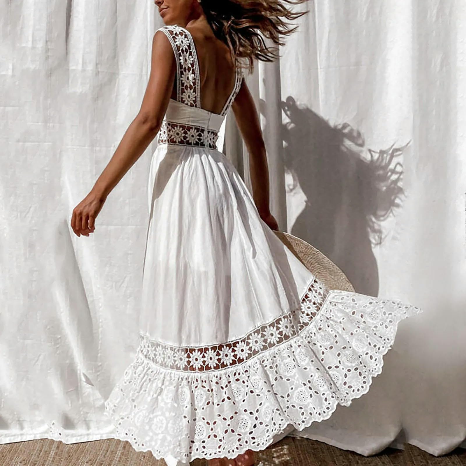 ARESU Dentelle Crochet Évider Robes Blanches Femmes sans Manches Dos Nu Vacances Décontracté Boho Robe Dames Lâche Plage Maxi Robe en Coton-Blanc-M