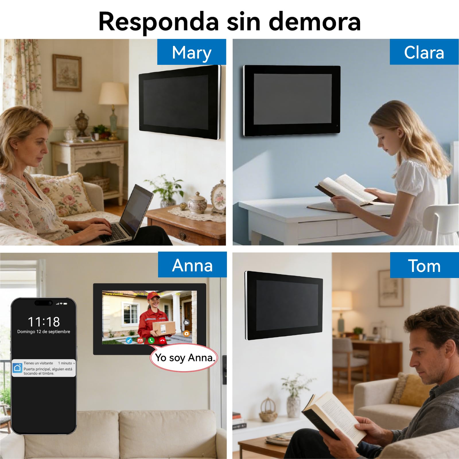 Videoportero WiFi 2 Hilos, Timbre Video Sistema Intercomunicador, Videoporteros Táctil 7",Timbre Metálico con Cámara,detección de Movimiento Humano, Kit para 4 familias