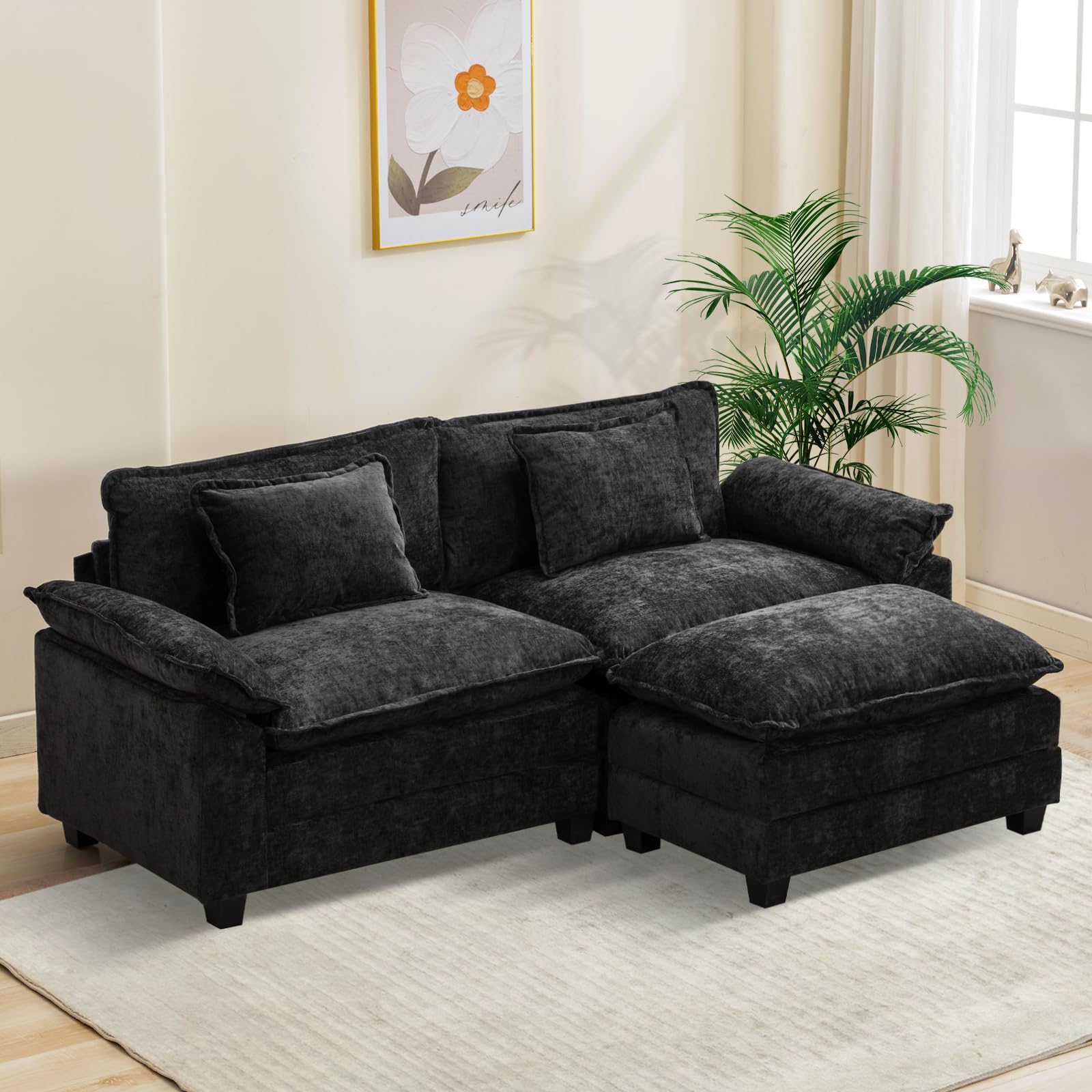 86" Comfy Cloud Sofa Couch with Throw Pillows, Upholstered Deep Seat Cozy Sofa Sleeper with Movable Ottoman, Modern L-Shaped Modular Sectional Sofa for Living Room, DIY Combination