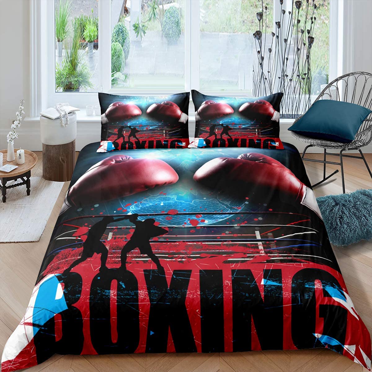 Adult Boxing Duvet Cover King Size, Sports Games Theme Bedding Set Boxing Gloves Quilt Cover, Athlete Silhouette Pattern Comforter Cover Set for Kids Boys Teens Room Decor, Blue Red — image 1