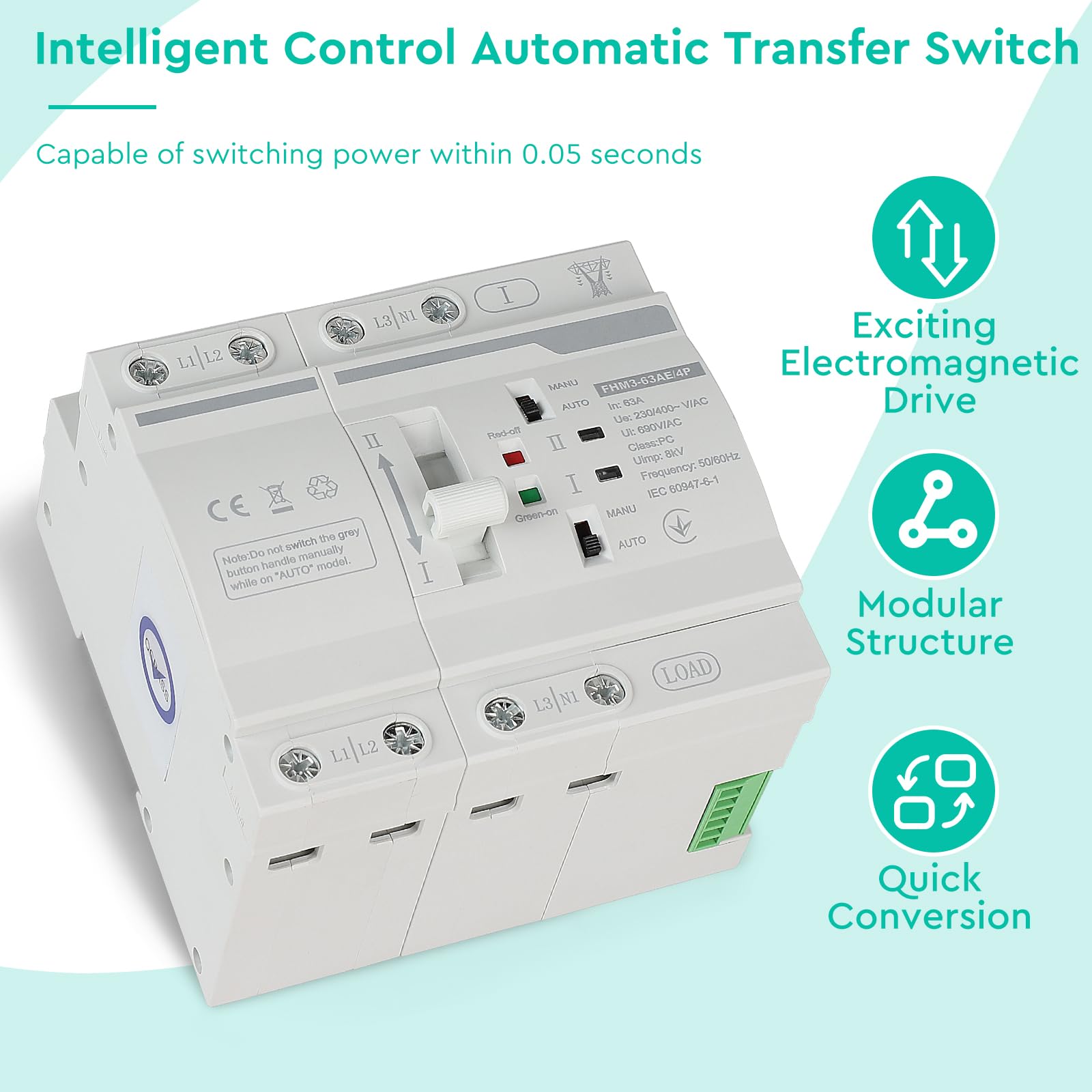 CPROSP Automatischer Transferschalter DIN 220V 63A 4P, Notstromschalter Transferschalter/Lastumschalter 4polig, Dual Netzteil DIN-Schienen-Umschalter