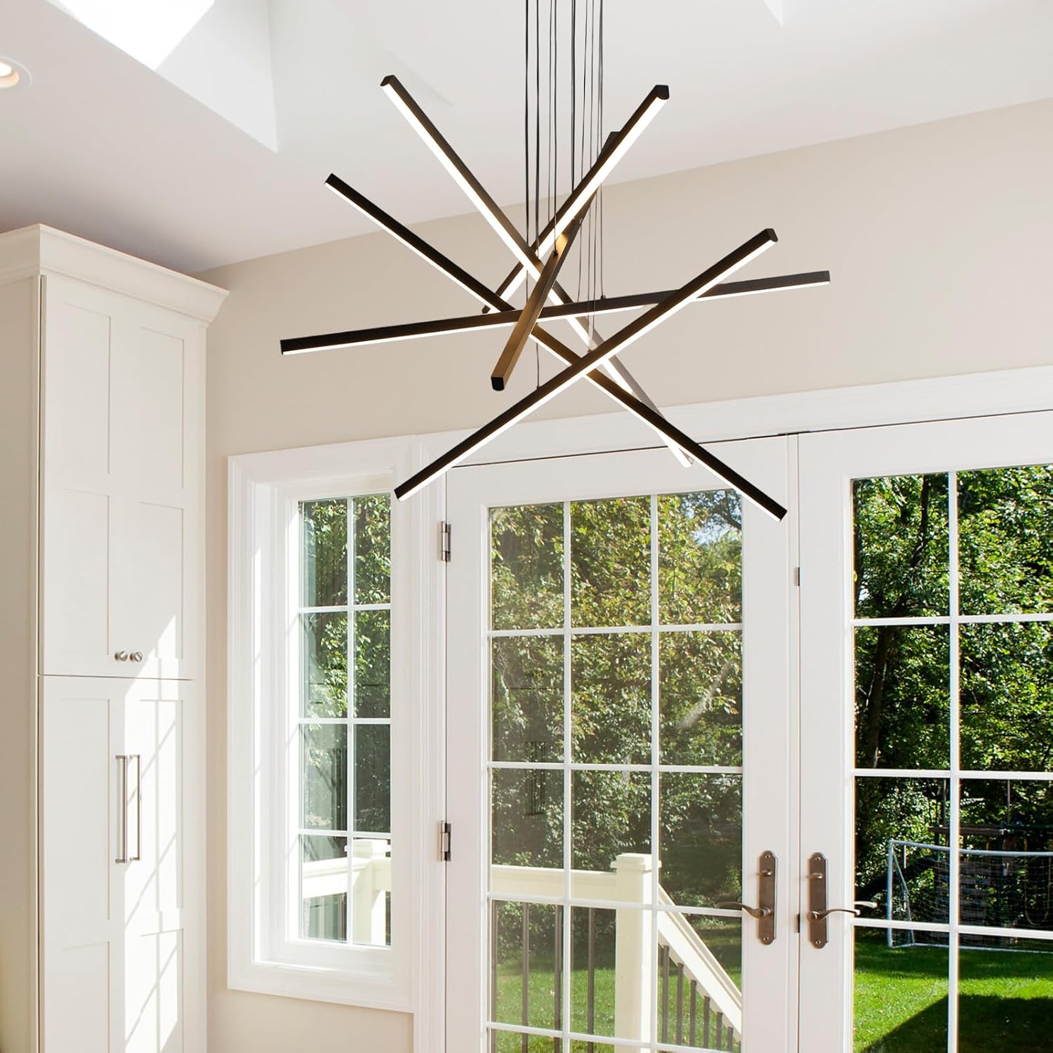 JAYMP Modern LED Chandeliers Dimmable Pendant Light Fixture for Living Room Dining Room Foyer DIY Shape Sputnik Floating Sculptural Art Hanging Lamp (Black, 6-Lights)