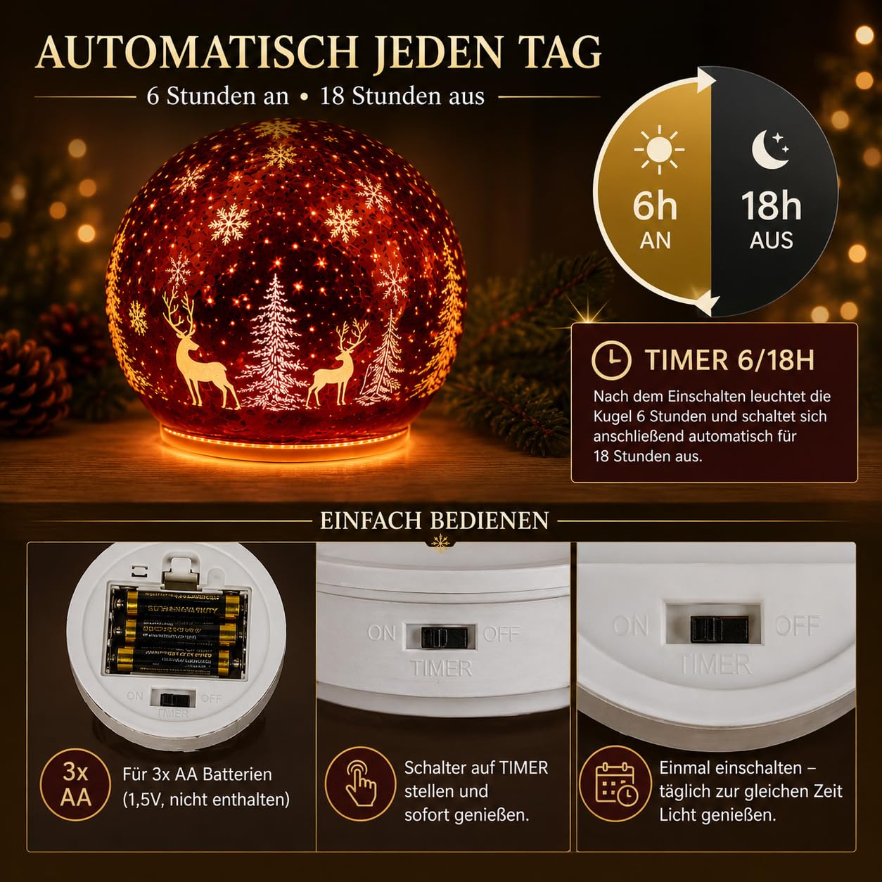 formano Dekoracyjna kula LED, obracana 20 cm, z timerem, motyw jelenia