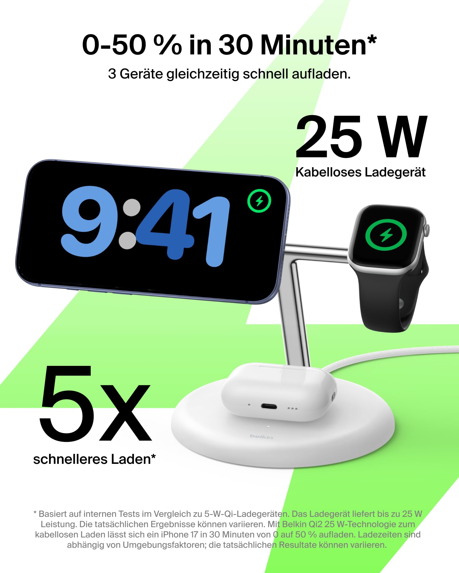 Belkin UltraCharge 3-in1 Induktive-Ladestation mit Qi2, 25W – Weiß | Qi2.2-zertifiziert, MagSafe Kompatibles Kabelloses Ladegerät für iPhone, Apple Watch, Kopfhörer; USB-C-Kabel, 45W Netzteil