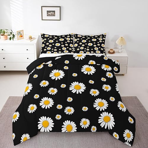Erosebridal Juego de edredón de margaritas, tamaño individual para niños, niñas, adolescentes y mujeres, edredón de plumón con flores blancas, juego