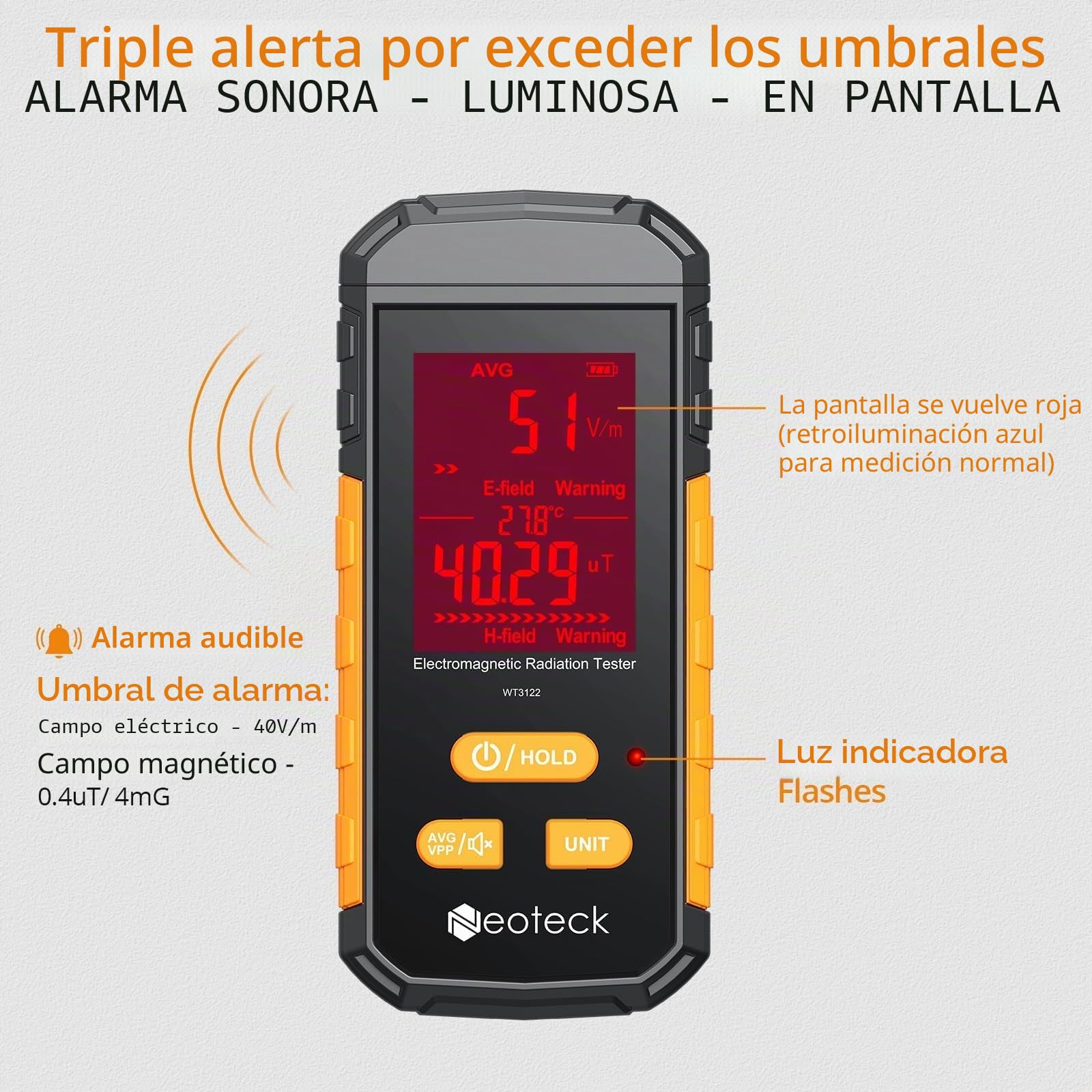 Neoteck Medidor Radiacion Electromagnetica Medidor EMF 3 en 1 con Pantalla LCD Retroiluminada y EFMF en Misma Pantalla Probador EMF Portátil Recargable para Hogar Fábrica Oficina