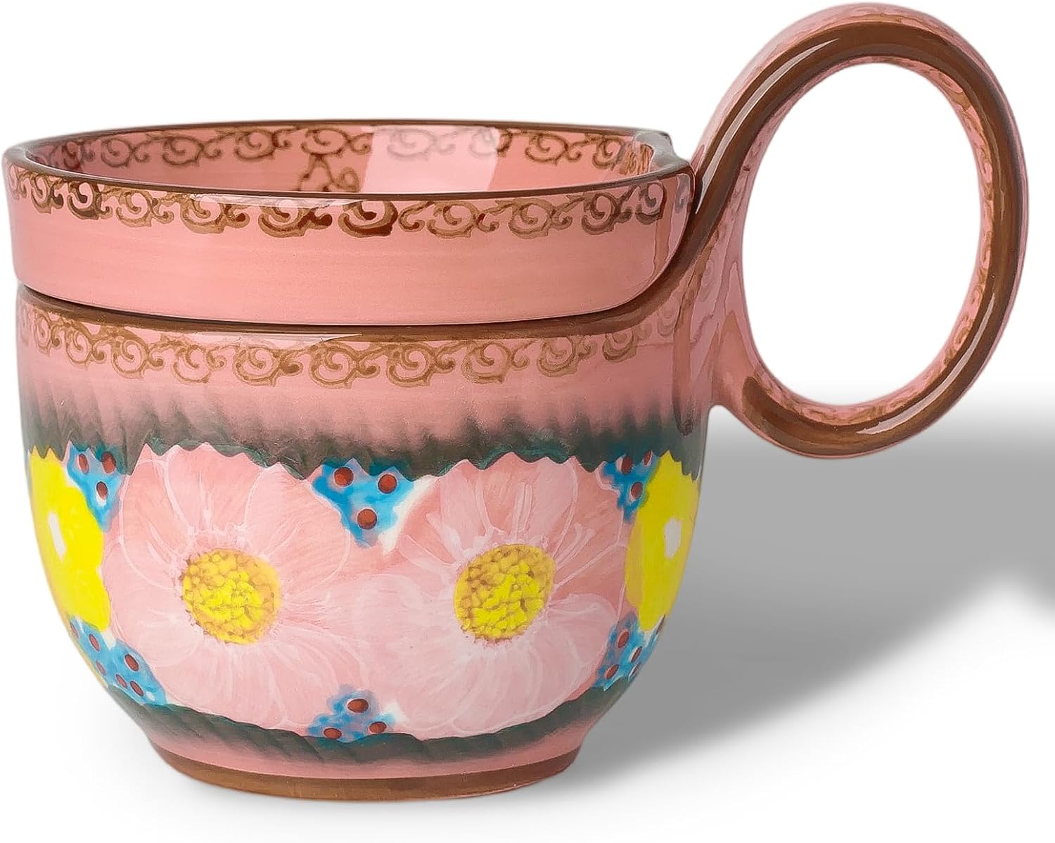 silesia Handmade Loop Handle Soup Bowl with Saucer Lid, 13 oz Ceramic Cereal Bowl, Floral Design Soup Mug for Coffee, Oatmeal, Tea, Dishwasher & Microwave Safe (Glazed Pink)
