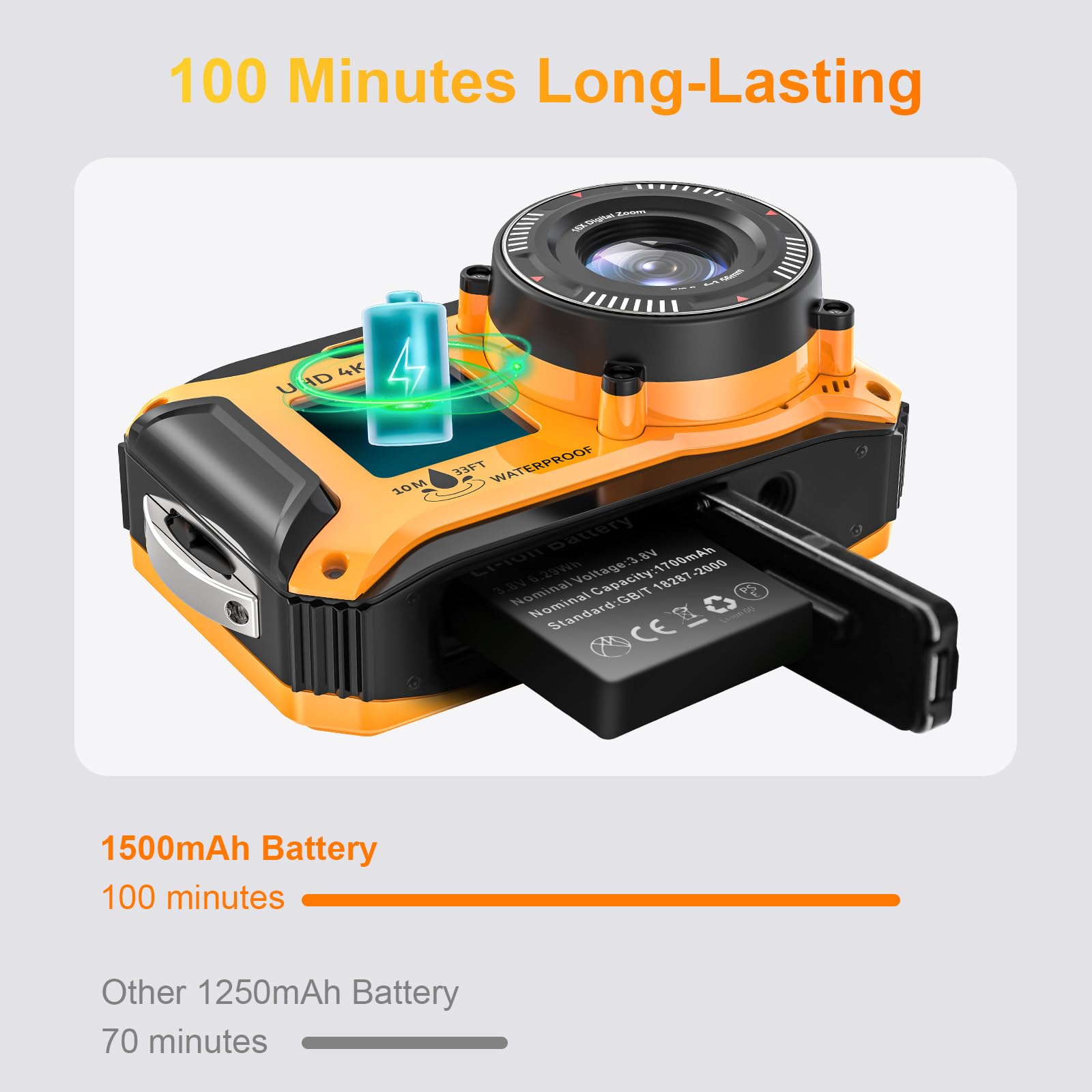 Caméra sous-marine 4K 56 MP 33FT UHD double écran étanche mise au point automatique 1500 mAh