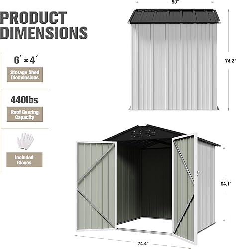 Miniatura 5 de JUMMICO Cobertizo de almacenamiento de metal para exteriores, cobertizo de metal de 6 x 4 pies con puerta con cerradura, cobertizo de herramientas