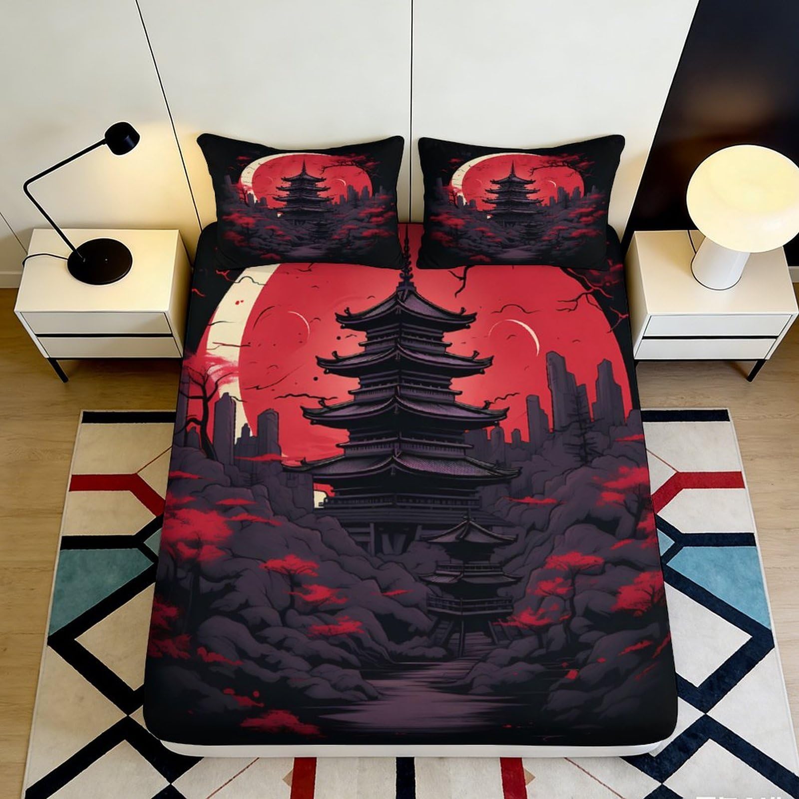 Jqzkxnhpbr Style-6 3D Printed Red Moon Pagoda Fitted Sheet Microfiber Soft Breathable Japanese Landscape Bed Cover For Bedroom Guest Room Decor 90X200x25cm