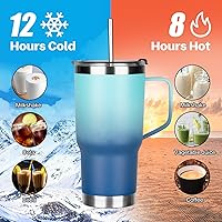 Vista 4 de Vaso de 20 onzas con asa, vaso aislado de acero inoxidable con tapa y pajilla, taza de café aislada al vacío de doble pared, taza térmica de café