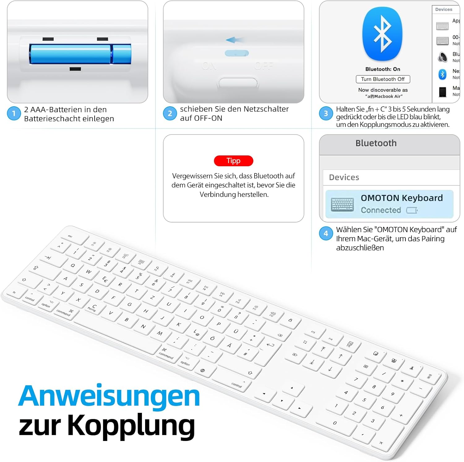 Diagram showing steps for battery installation and Bluetooth pairing for the OMOTON KB515 keyboard.