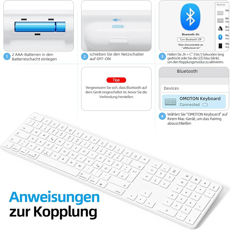 OMOTON Bluetooth Billentyűzet Mac-hez Vezeték Nélküli QWERTZ MacBook Pro Air iMac Mini Fehér AAA Elemmel Működő Teljes Méret