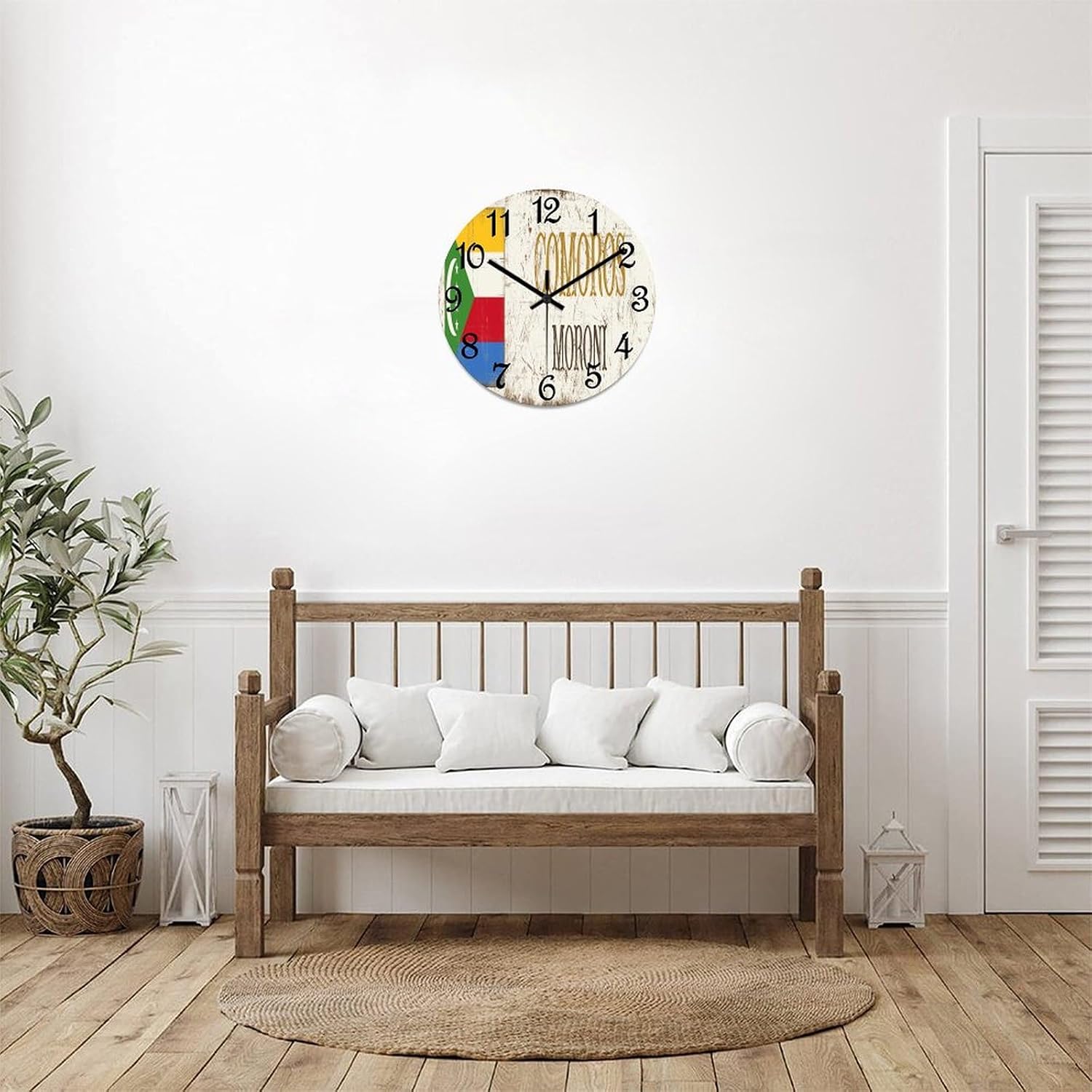 Comoros National Flag Round PVC Wall Clock Comoros Moroni Quiet Silent Wall Clock Aesthetic Decorative Clock for School Kitchen Office Wall Hanging 15 Inch