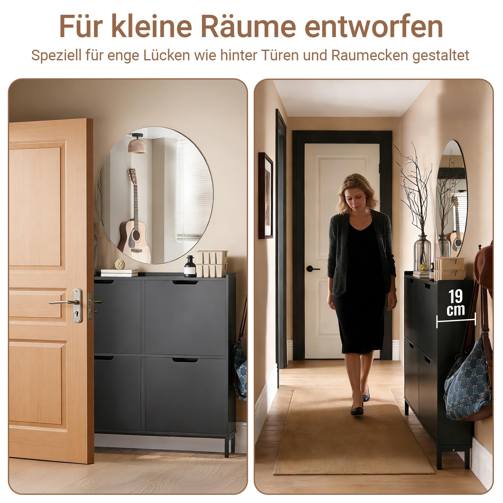 SoBuy Schuhschrank Schmal mit 4 Klappen - Platzsparender Schuhkipper für Kleine Wohnungen, Enge Flure & Durchgänge, Flurschrank für Familien mit Kindern, Designliebhaber 100x91x19cm Schwarz FSR100-SCH